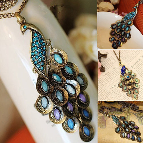 Women Vintage Alloy Rhinestone Peacock Pendant Long Chain Charm Necklace