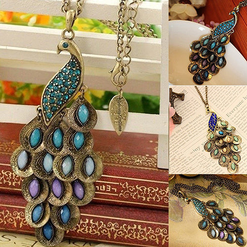 Women Vintage Alloy Rhinestone Peacock Pendant Long Chain Charm Necklace