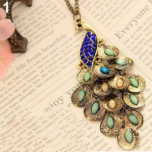 Women Vintage Alloy Rhinestone Peacock Pendant Long Chain Charm Necklace