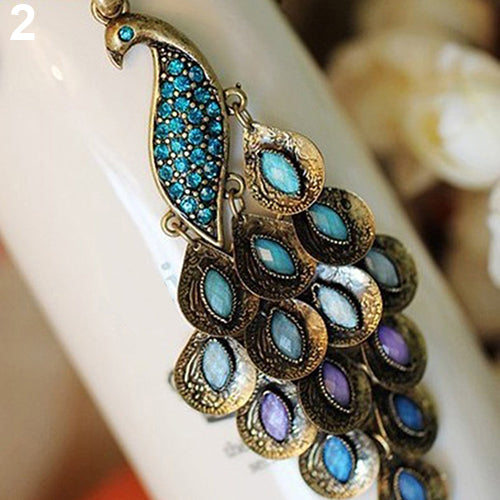 Women Vintage Alloy Rhinestone Peacock Pendant Long Chain Charm Necklace