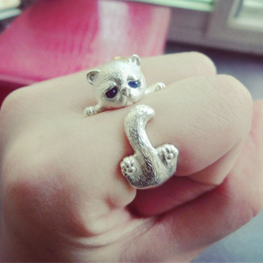 Cute Cat Silver Plated Adjustable Ring