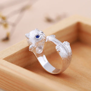 Cute Cat Silver Plated Adjustable Ring