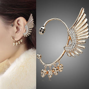 Women Punk Gothic Rhinestone Wing Skulls Ear Cuff Clip Hook Earring for Left Ear