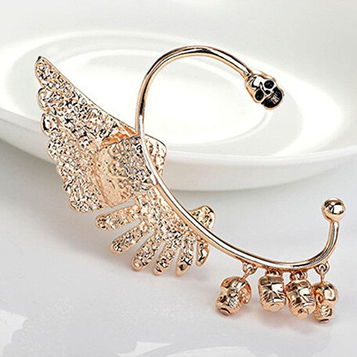 Women Punk Gothic Rhinestone Wing Skulls Ear Cuff Clip Hook Earring for Left Ear