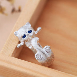 Cute Cat Silver Plated Adjustable Ring