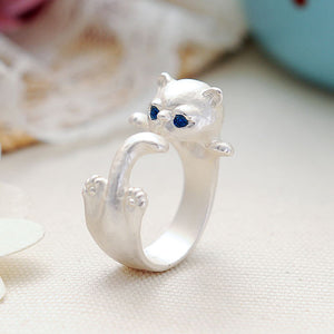 Cute Cat Silver Plated Adjustable Ring