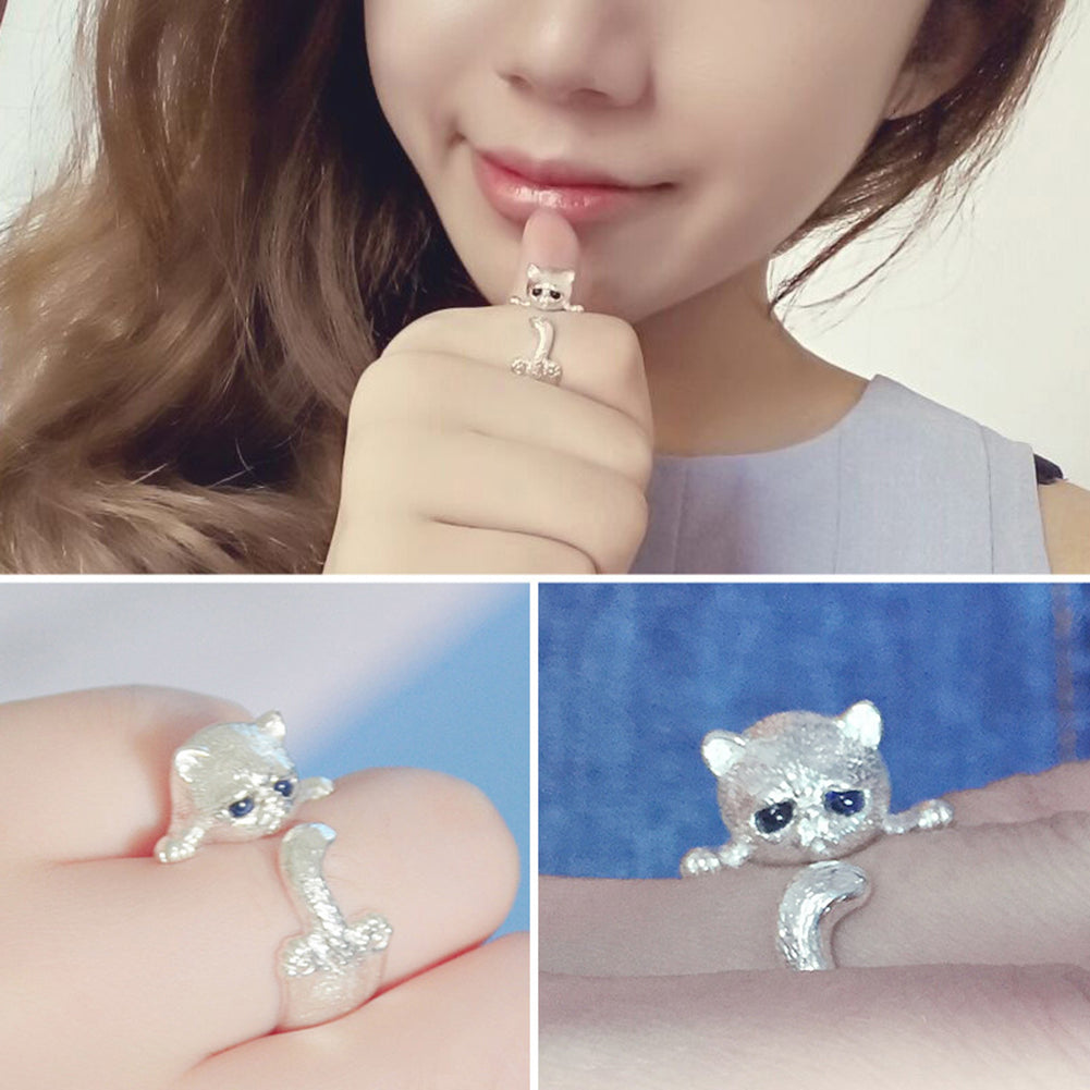 Cute Cat Silver Plated Adjustable Ring