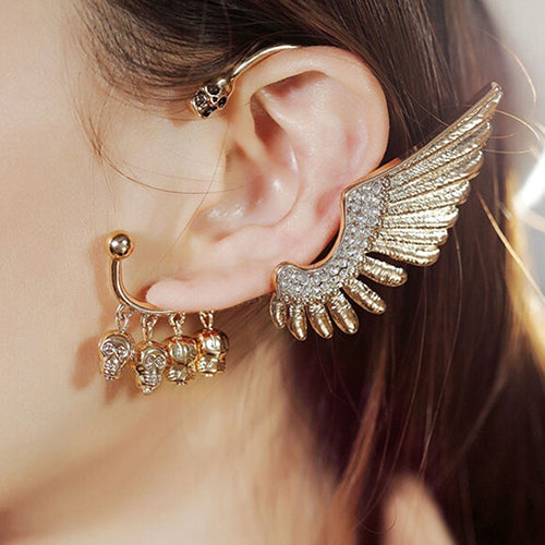 Women Punk Gothic Rhinestone Wing Skulls Ear Cuff Clip Hook Earring for Left Ear