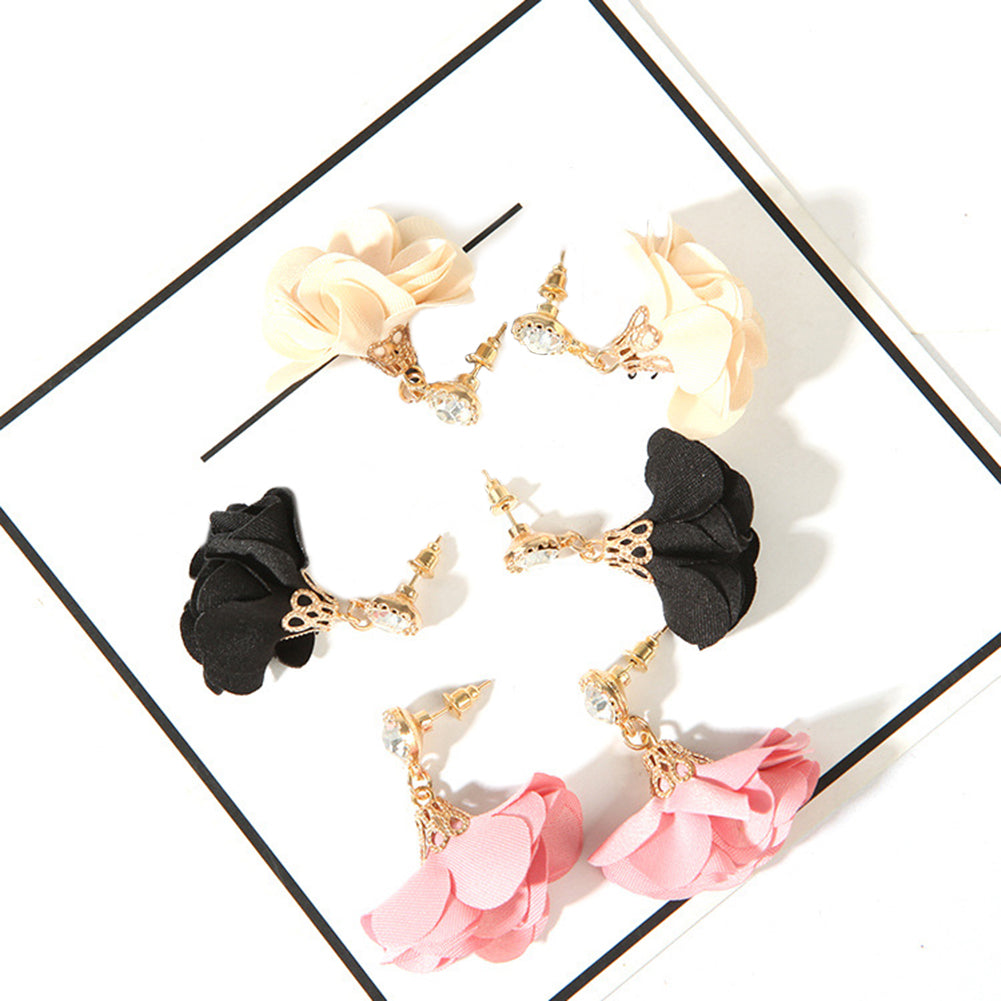 Vintage Cloth Flower Rhinestone Pendant Earrings