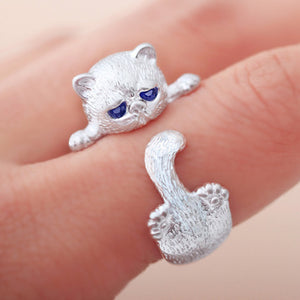 Cute Cat Silver Plated Adjustable Ring