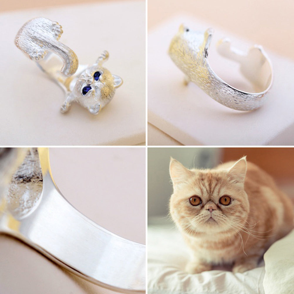 Cute Cat Silver Plated Adjustable Ring