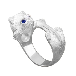 Cute Cat Silver Plated Adjustable Ring